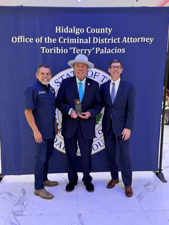 (Photo: Office of Senator Hinojosa, 10/03/2025) L to R: Hidalgo County Criminal District Attorney Toribio “Terry” Palacios, Senator Juan “Chuy” Hinojosa, and TDCAA Executive Director Shannon Edmonds.