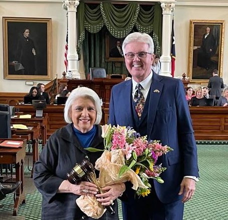 SENATOR JUDITH ZAFFIRINI receives a personalized gavel from Lt. Gov. Dan Patrick, commemorating her 70,000th consecutive vote in the Texas Senate. She is the second-highest ranking member and the highest ranking female and Hispanic member of the Texas Senate.