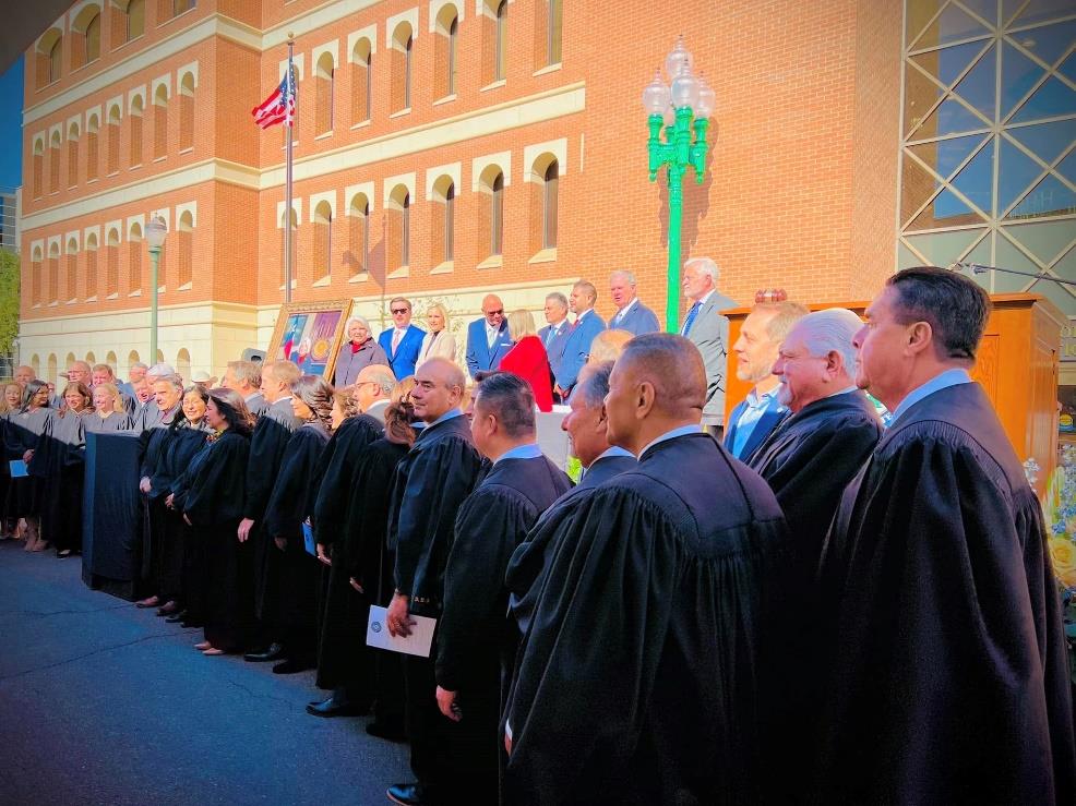 Photo: A procession of dozens of judges from the federal and statewide to the district and municipal levels, all wearing their black robes, initiate the dedication of the Dean Senator Judith Zaffirini Justice Center. They included Chief Justice Nathan Hecht, Texas Supreme Court, who introduced her; Judge Andy Oldham of the U.S. 5th Circuit Court of Appeals, who introduced her at the celebratory luncheon that followed; six other members of the Texas Supreme Court; six federal judges; and Chief Rebeca Martinez and other justices of the 4th Court of Appeals.